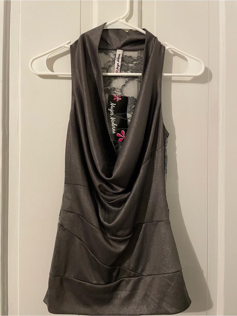 Lace-Back Draped Cowl Neck Tank Top - Gunmetal Size S